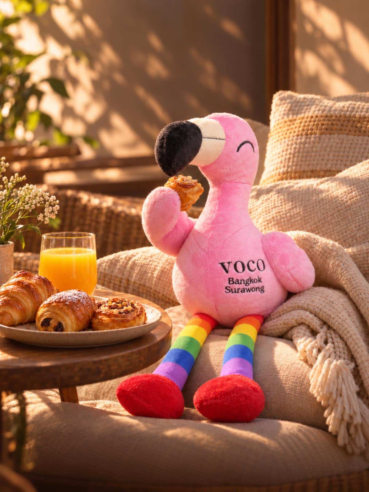 Voco Bangkok Surawong Flamingo Mascot With Rainbow Legs Eating A Pastry