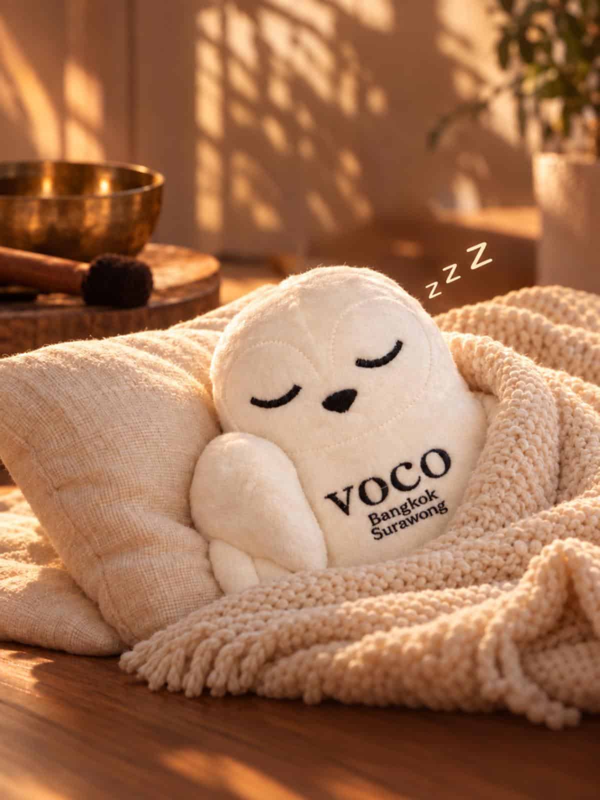 Voco Bangkok Surawong Owl Mascot Asleep Under A Knitted Blanket Next To A Singing Bowl